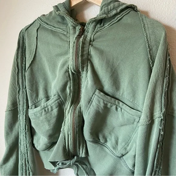 Free People Patchwork Cropped Hoodie Jacket Khaki Green - Picture 2 of 10